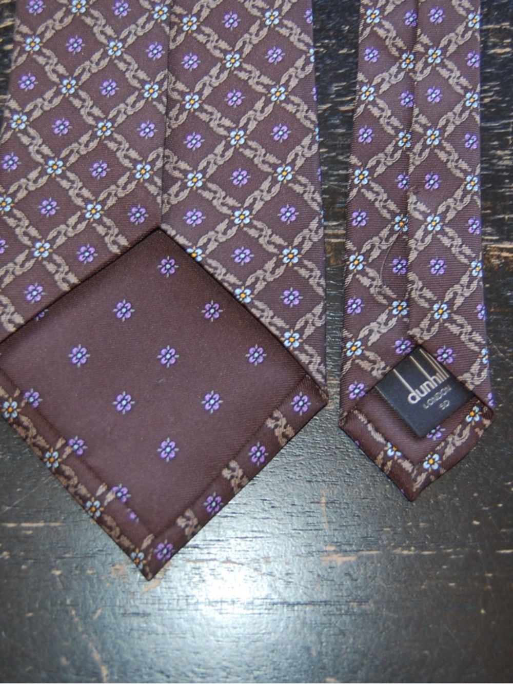 Dunhill Brown Silk Tie with Purple Floral Motif